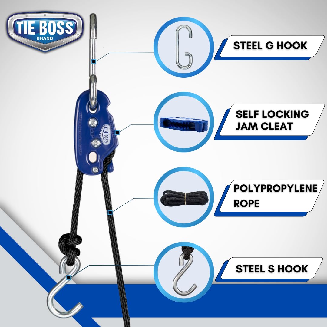 Tie Boss Heavy Duty Tie Down System - 3/8 Inch, 300 lbs Load Limit, Weather Resistant, 15 ft Rope, Large, Blue, Model RTB3815BLU