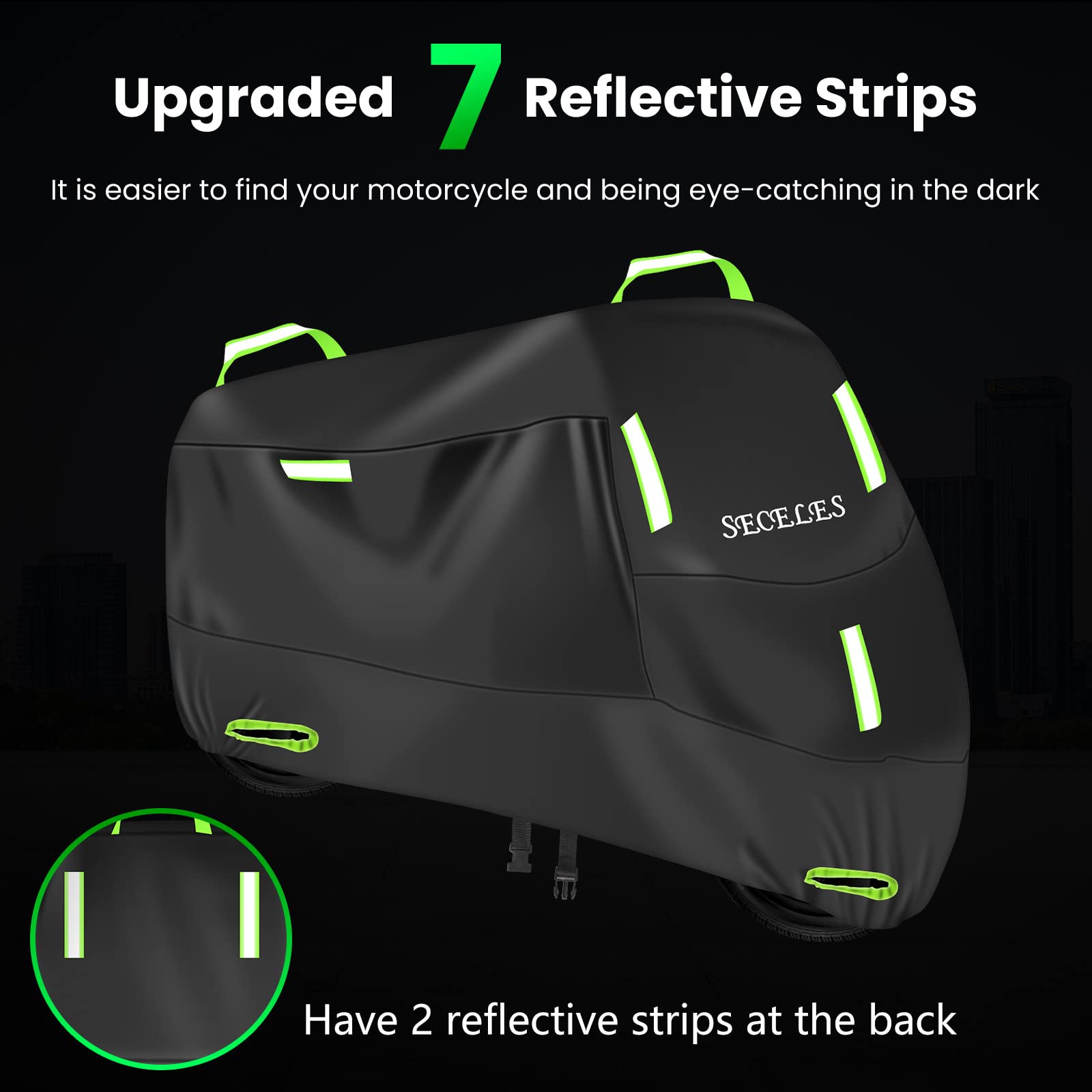 Motorcycle Cover Waterproof Outdoor All Weather 300D Oxford Fabric 2 Windproof Buckles 7 Reflective Stripes Waterproof Inner Tap