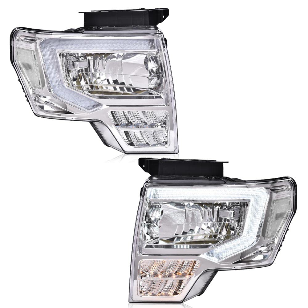 ALLGOOD Headlights Assembly LED DRL Compatible with Ford F150 2009-2014, Left Driver & Right Passenger Side, Clear Lens Chrome H