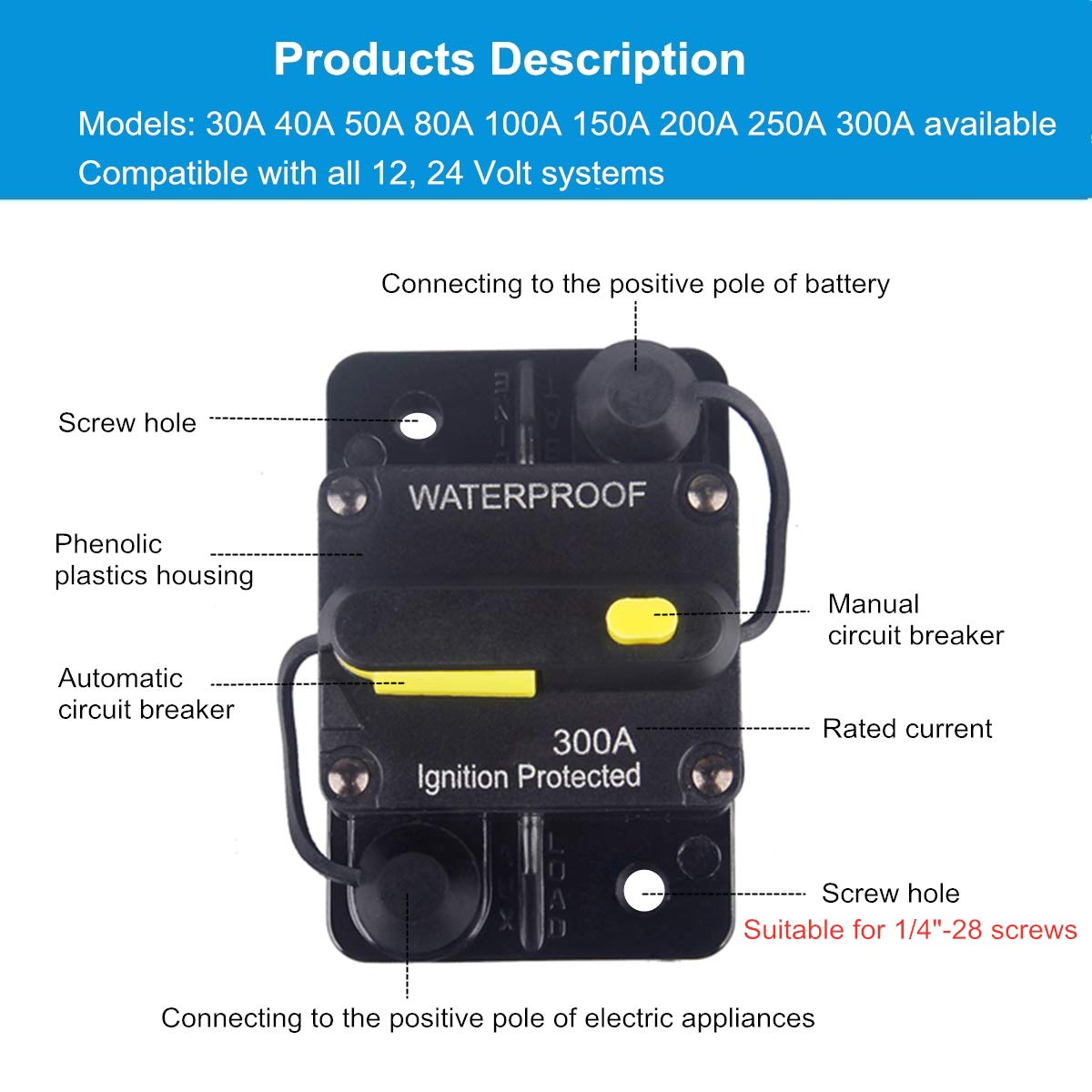 Wohhom 80 Amp Circuit Breaker Dc 12V-48V Waterproof 30A-300A Manual Reset Fuse Inverter For Trolling Motor Auto Car Rv Marine Bo