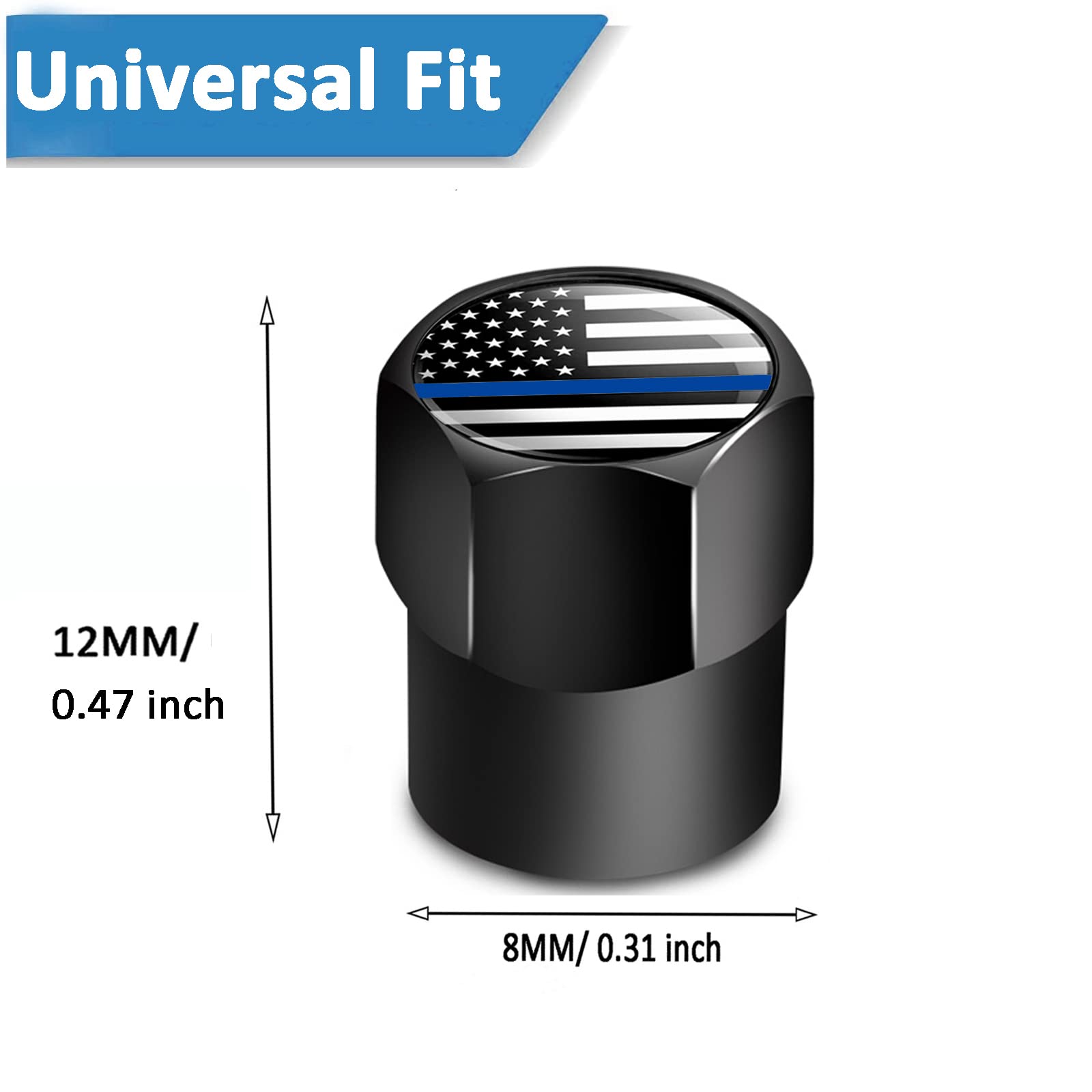 Dsycar Tire Valve Stem Caps - 12 Pack Black Blue USA, Thin Blue Line Design, Premium Aluminum with Rubber Seal, Universal Fit
