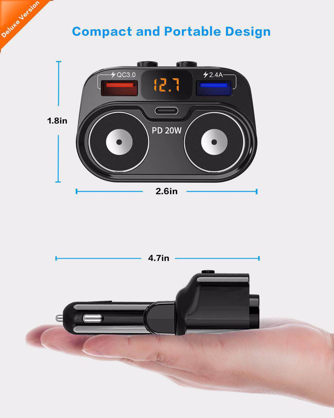 SUPERONE 200W 2-Socket Car Charger Adapter, USB C with 20W PD & QC 3.0, Black, Model C47PQ