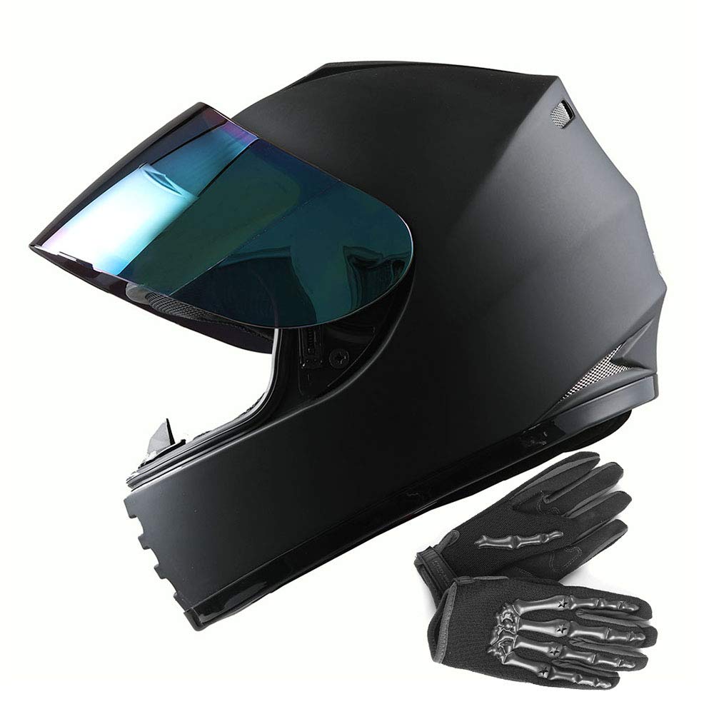 Wow Youth Motorcycle Full Face Helmet Street Bike Bmx Mx Kids Matt Black + Mx Skeleton Glove Bundle