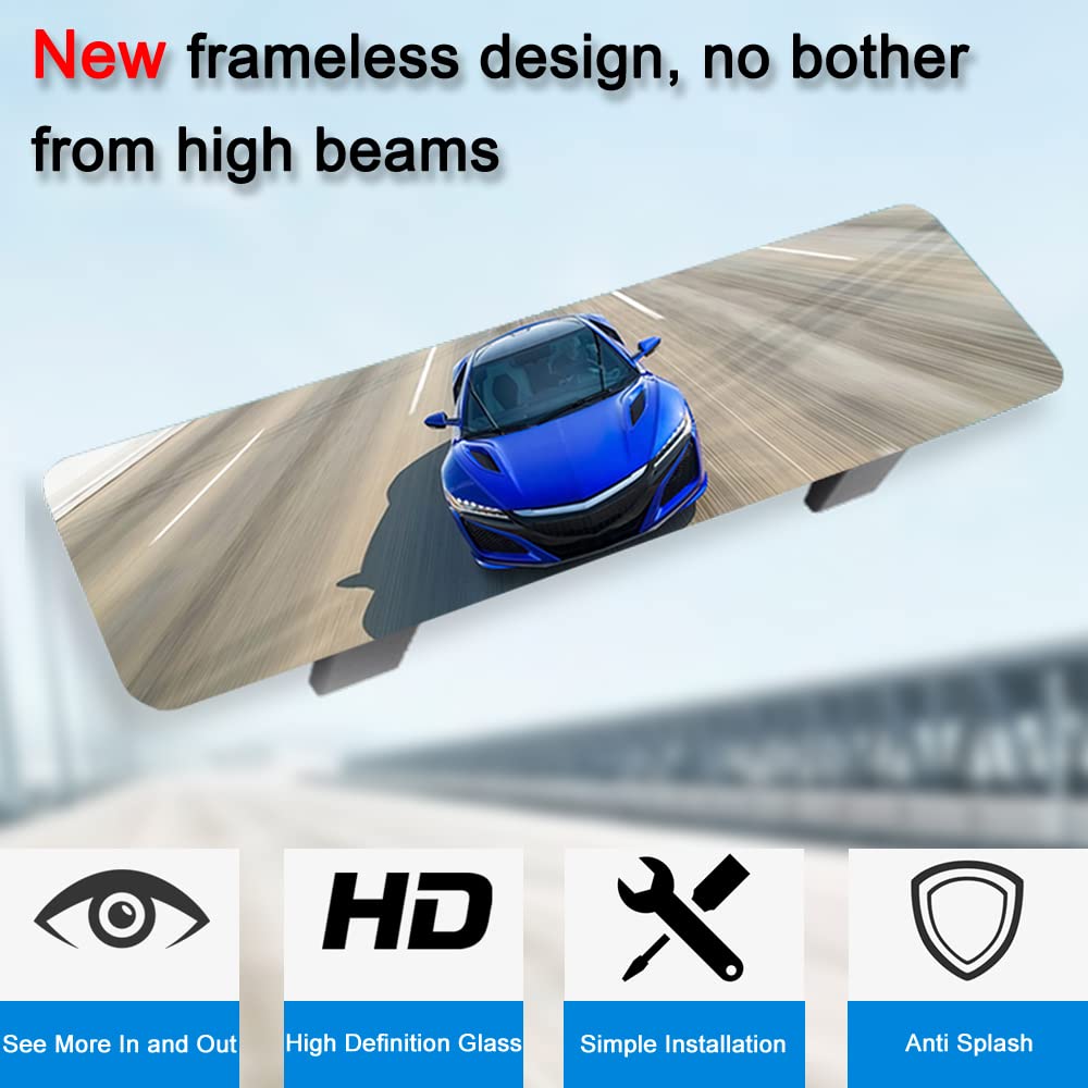 (Newest Version) Skycrophd Frameless Rear View Mirror Interior Panoramic Wide Angle Mirror Eliminate Blind Spots For Car Suv Truck - Flat,11.8In (White)