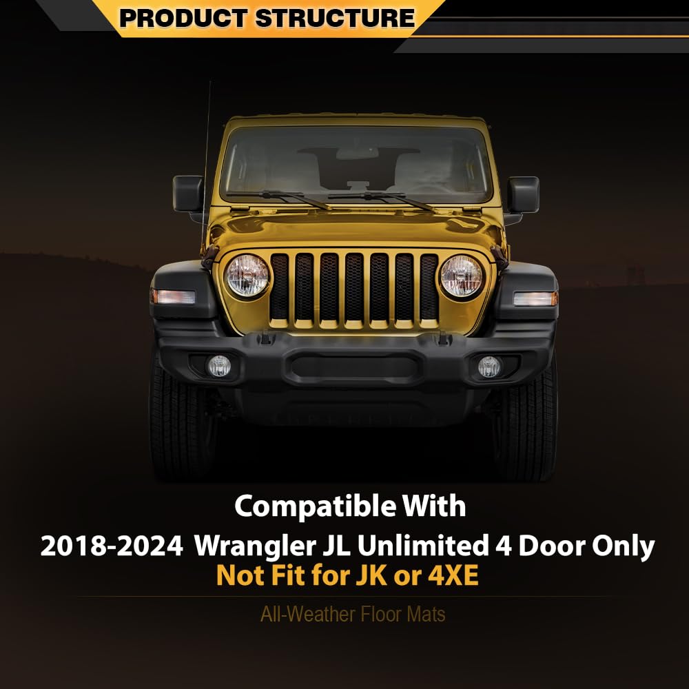 G-PLUS TPE Floor Mats Compatible with Jeep Wrangler JL Unlimited 4 Door 2018-2024(Not Fit for JK or 4XE) 1st & 2nd Row All Weath