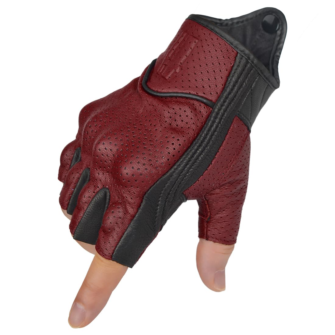 Harssidanzar Men's Motorcycle Gloves Leather Perforated Motorbike Riding Driving Gloves CM044US, Oxblood/Black, Size X-Large