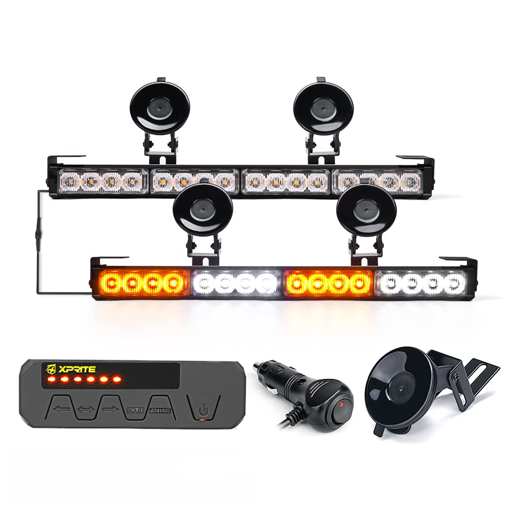 Xprite White Amber Led Emergency Traffic Advisor Strobe Dual Light Bar W/Control Box, Windshield Visor Suction Cup Safety Hazard