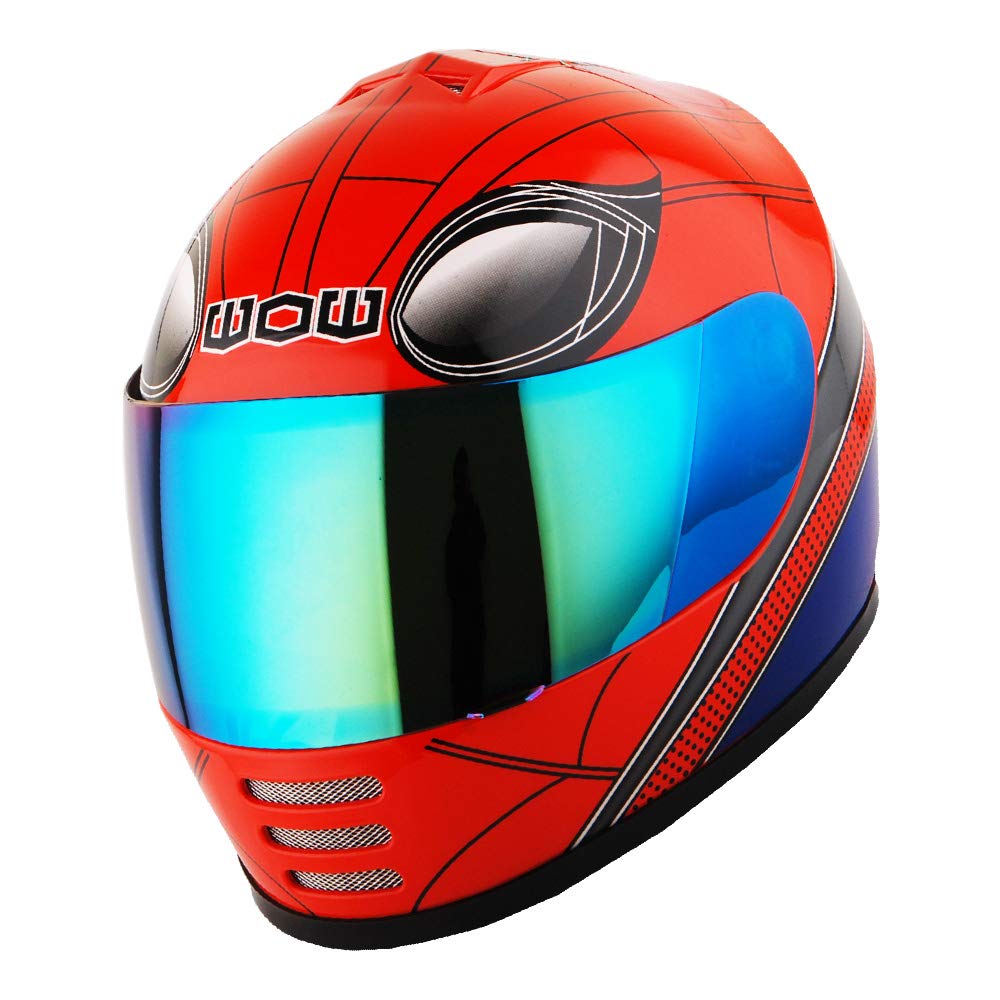 WOW Youth Full Face Motorcycle Helmet Bundle, Small, Thermoplastic, Spider Red + MX Skeleton Glove, Model HKY-B15-Bundle