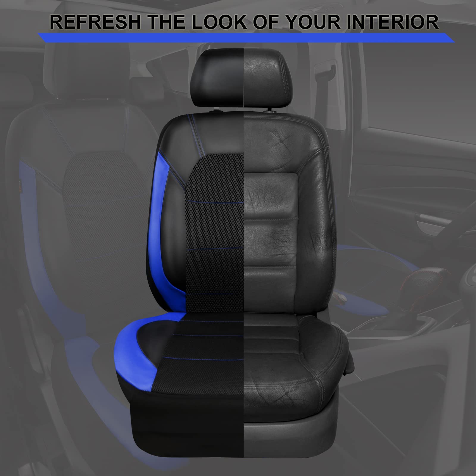 CAR PASS Universal Leather Front Seat Covers - Airbag Compatible, Black and Blue, Polyester, Model zt-0121-3, Fits Most Cars, SUVs, Trucks, Vans