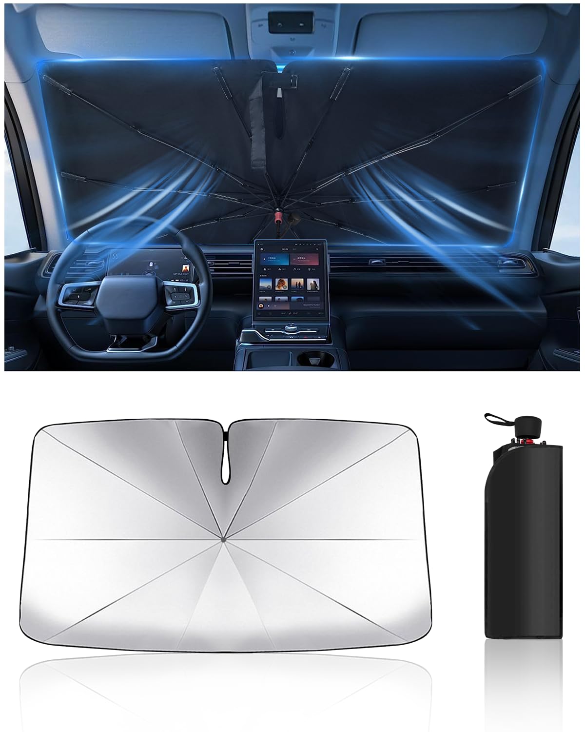Windshield Sun Shade Umbrella for Car, Foldable Car Windshield Sunshade UV Block Heat Insulation, Fits Sedan SUV Truck, Compatib