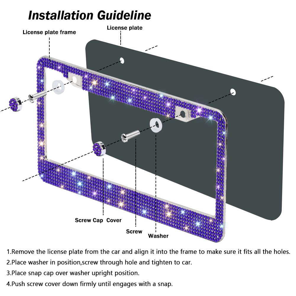 Otostar 7 Row Pure Handmade Waterproof Bling Bling Rhinestones Stainless Steel Metal License Plate Frame 2 Holes With Matching S