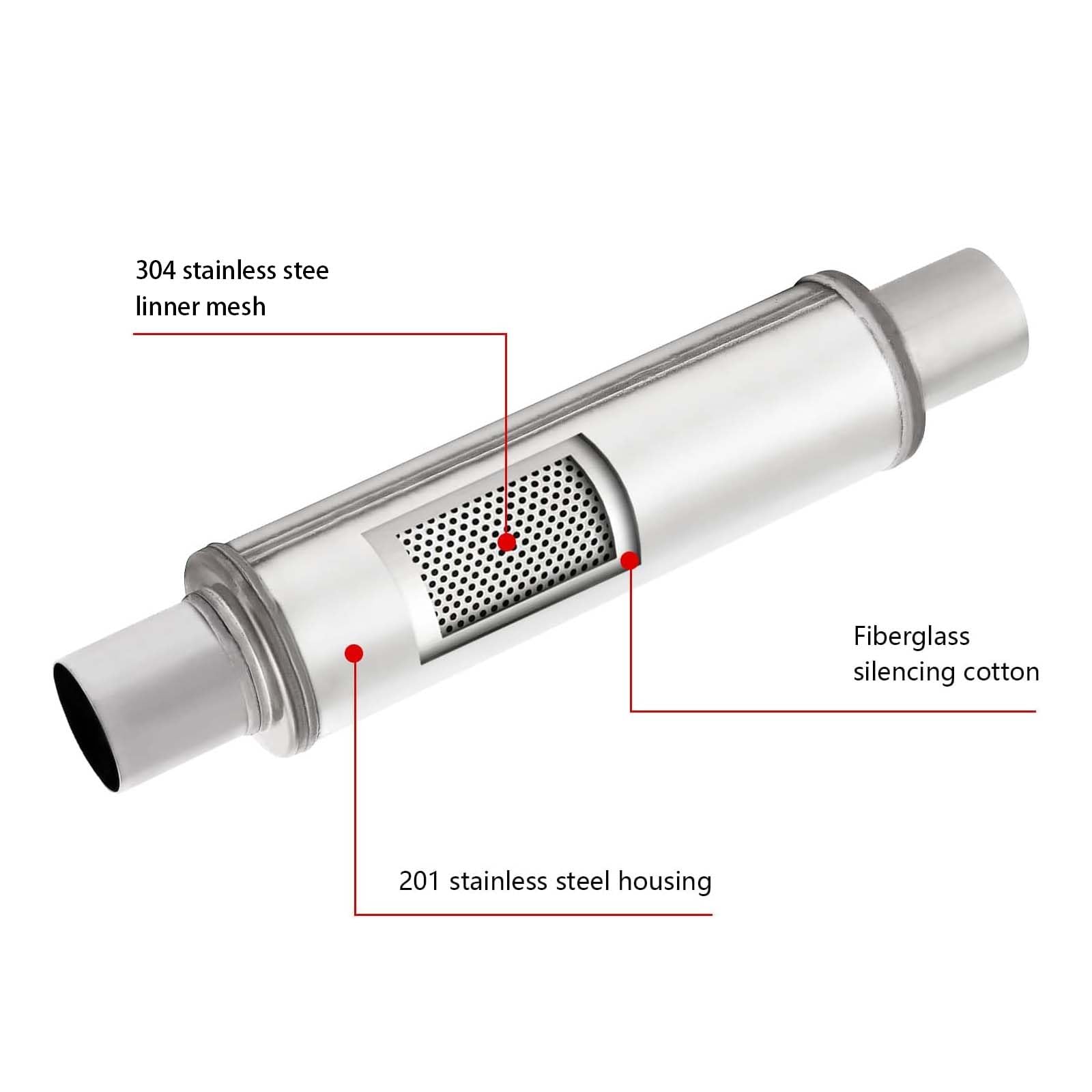 A-Karck 3'' Inlet Exhaust Resonator, 3'' Inlet 3'' Outlet 21'' Overall Length Muffler Resonator Stainless Steel