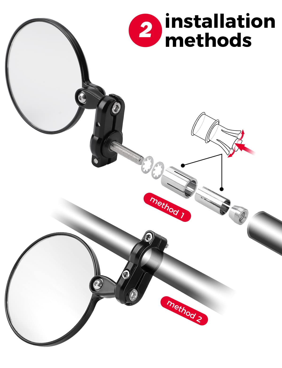 KEMIMOTO 360° Rotatable Motorcycle Handlebar Mirrors, Black, Metal, Fits 13-21 mm, Mirror Diameter 3.9 in, Model MU-F0804-00202