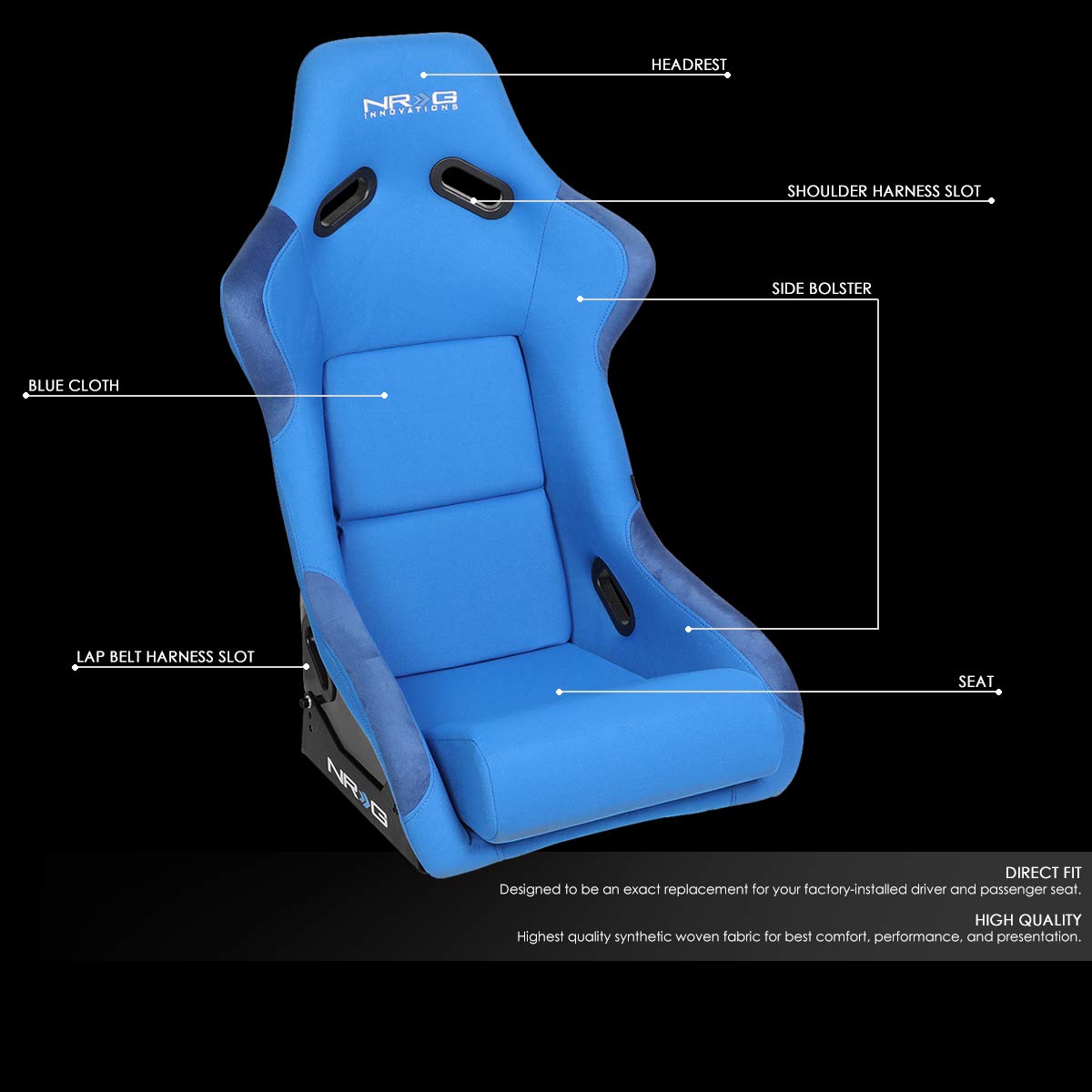 NRG Innovations NRG-FRP-300BL Fiber Glass Racing Seat, 4pt Harness, 23"W x 18"D x 34"H, Blue Cover