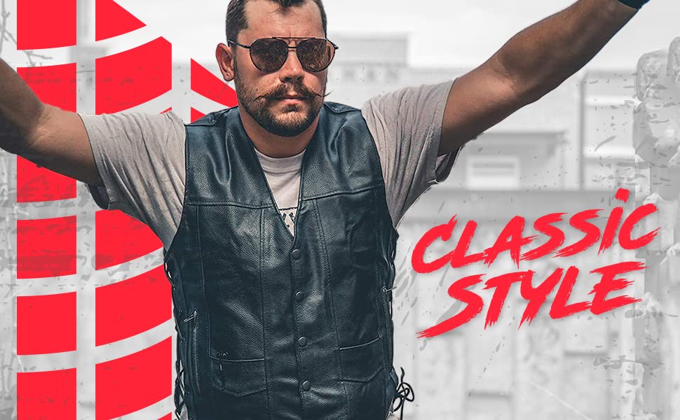 HWK Leather Motorcycle Vest - Black Genuine Leather, XL, with Concealed Carry Pocket, 100% Polyester Lining for All-Weather Riding
