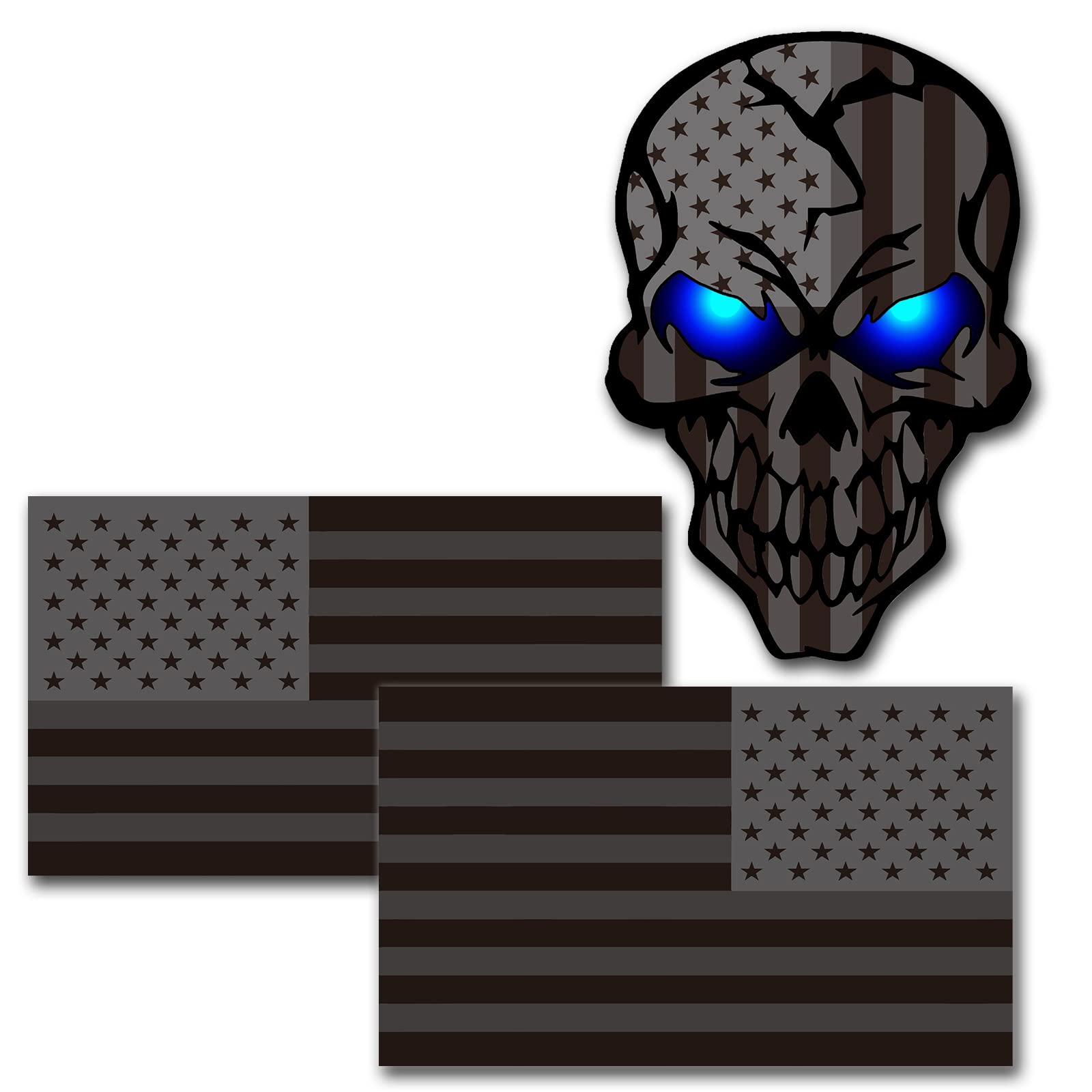 3 Pack 5.1''Reflective All Black American Flag Sticker, Skull Decal With Black Us Flags, Uv Fade Resistant Vinyl Car Flags Stick
