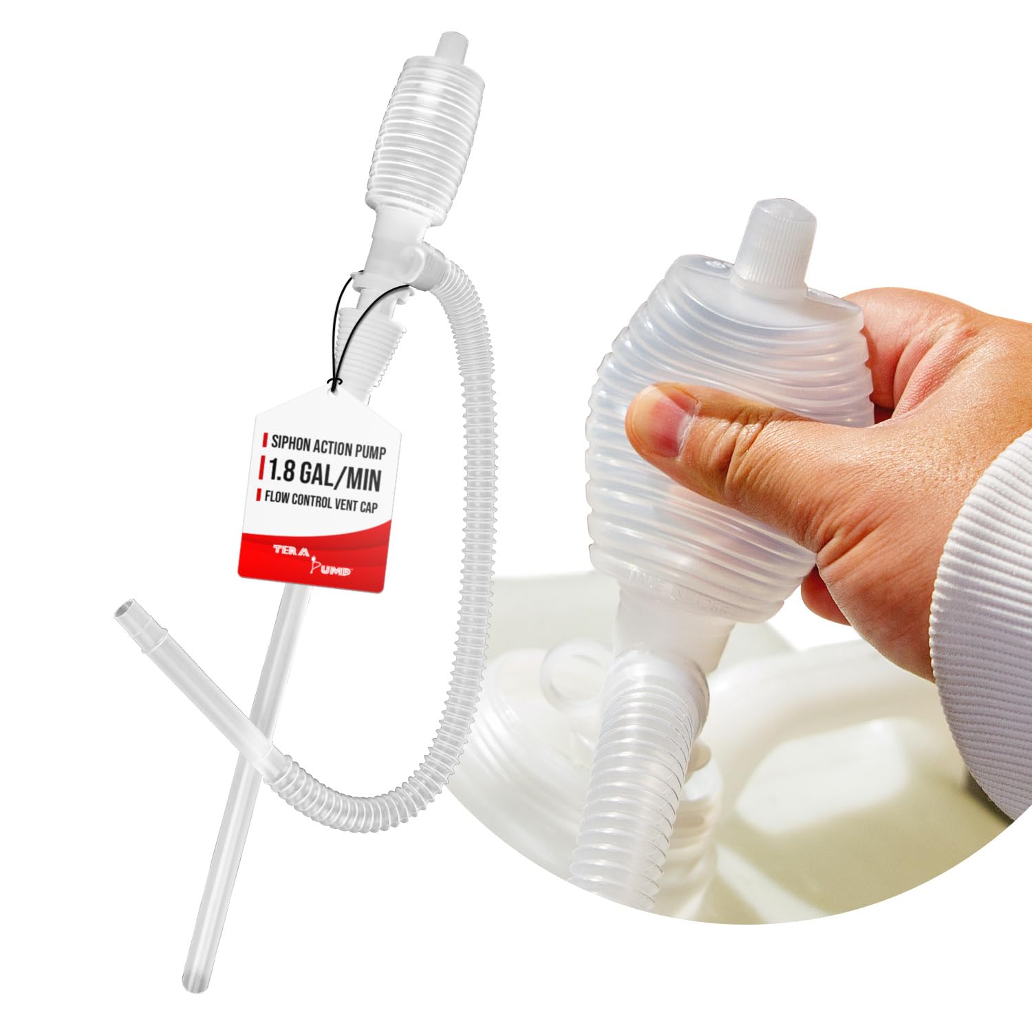 TERA PUMP Chemical Siphon Hand Pump, Gas Can Lock, Acid Resistant, 21.2 inch Hose, 1.8 GPM