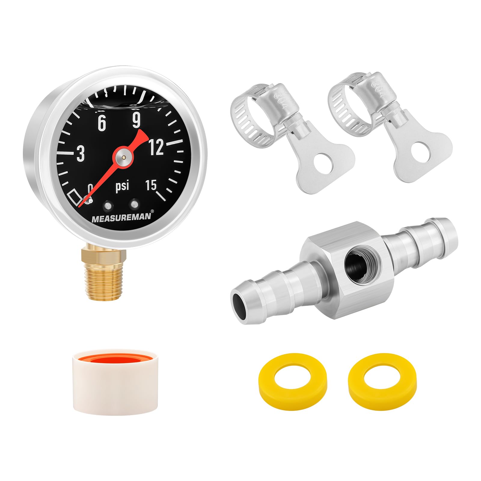 Measureman 0-15 Psi Glycerin Filled Fuel Pressure Gauge, 1.5    Dial, 304 Stainless Steel Case, 1/8    Npt Lower Mount, With 3/8