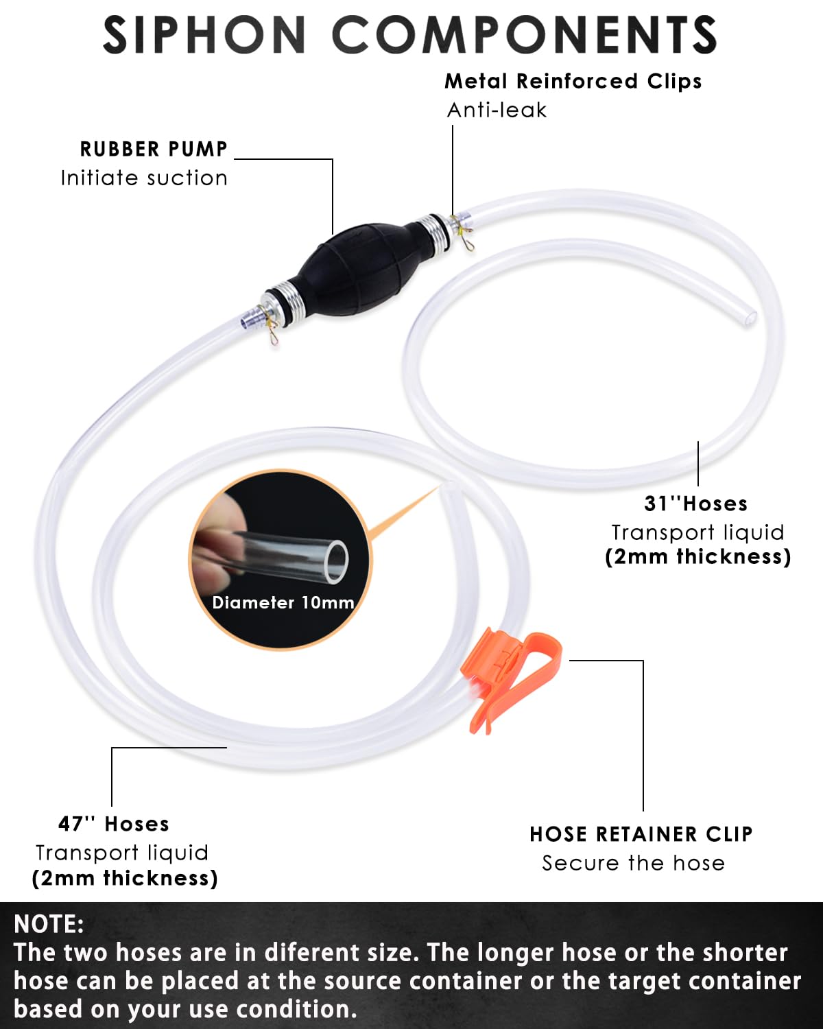 Katumo Gasoline Siphon Hose, 2 Kits Gas Oil Water Fuel Transfer Siphon Pump, Portable Widely Use Hand Fuel Pump, Fuel Transfer P