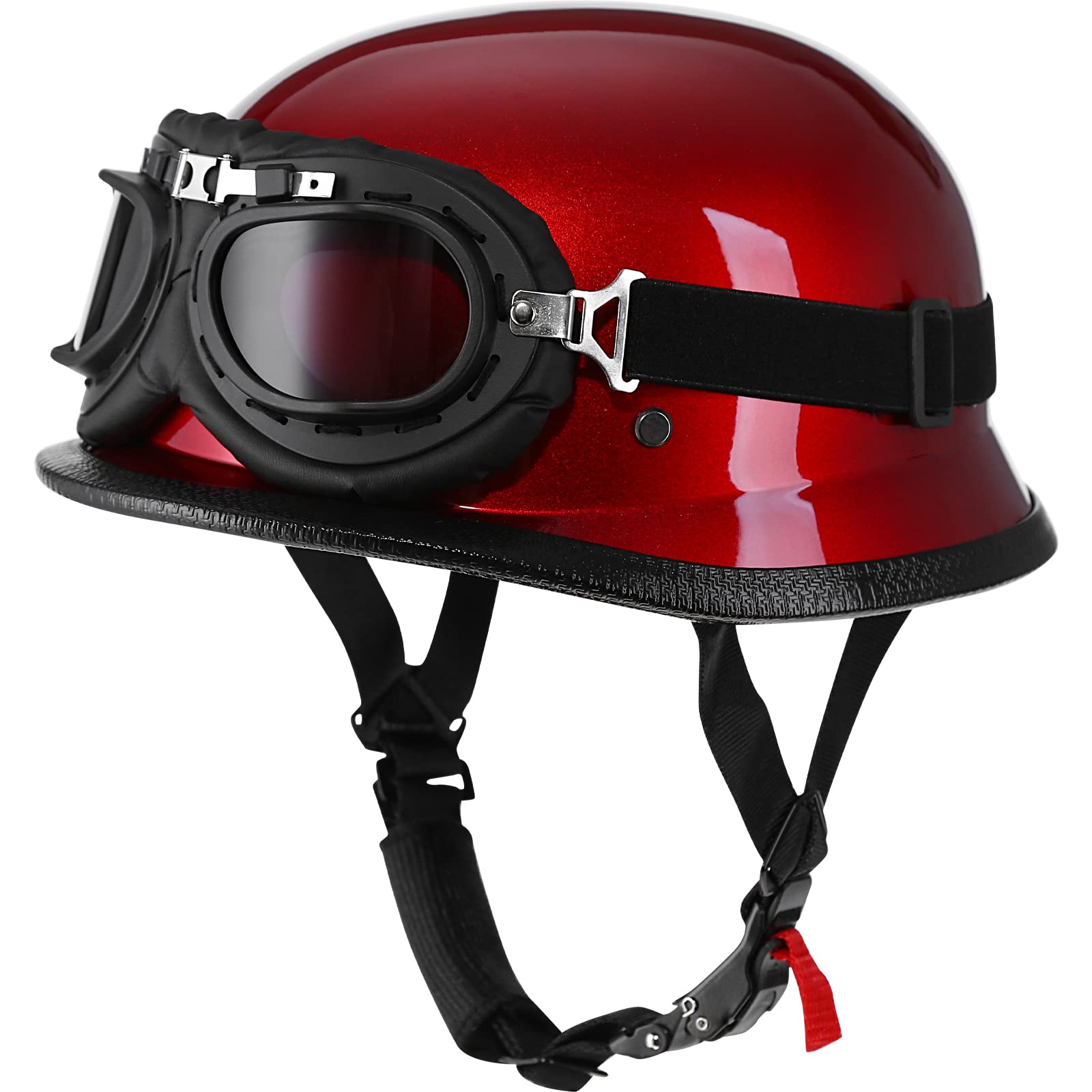 Yesmotor Helmet Half Shell German Motorcycle Helmet With Cycling Glasses - Dot Approved (Xx-Large, Red & Black Goggles)