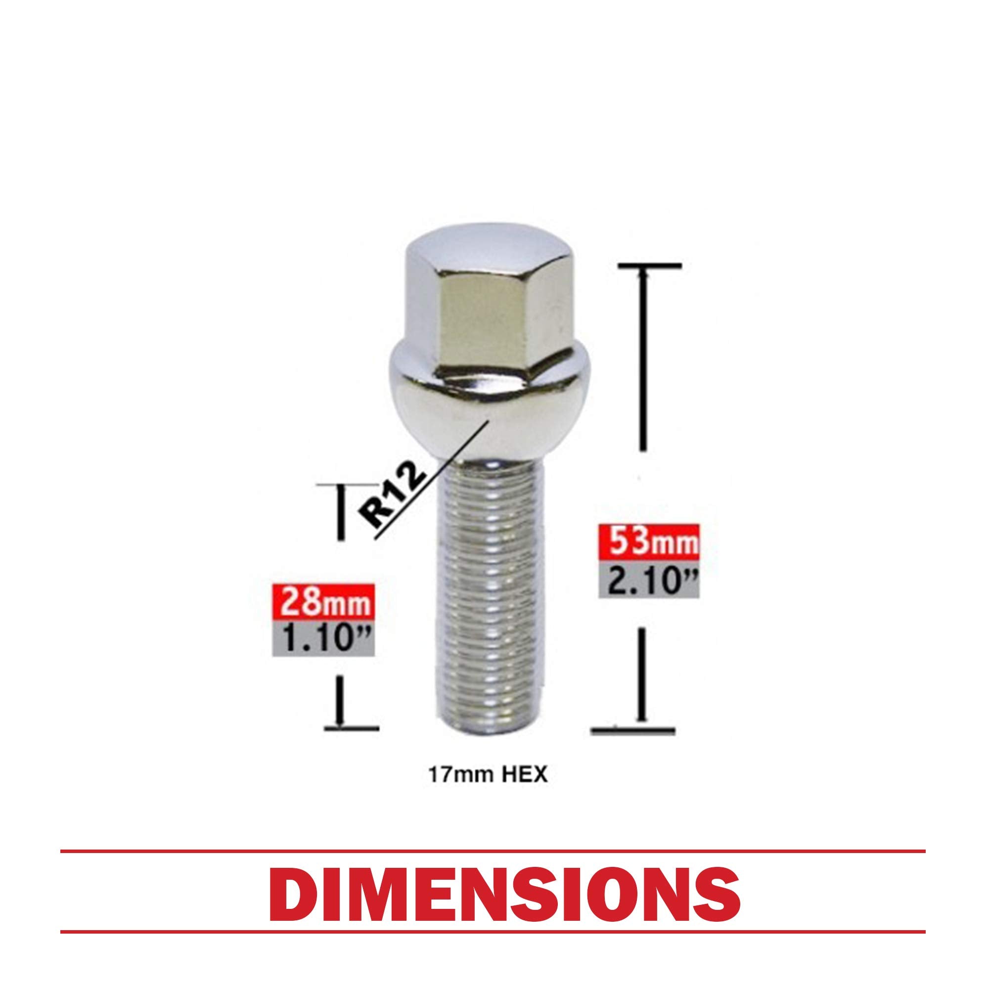 Wheel Accessories Parts Set Of 20 Chrome 14X1.5 Lug Bolts Ball Seat (R12) 28Mm Shank Length, M14 1.5 Thread, 17Mm Hex Wheel Lug Bolts With Dual Hex Key (20, Chrome, M14X1.5)
