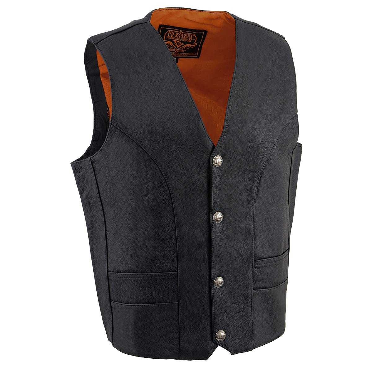Milwaukee Leather Ml1368 Men'S Black Naked Leather V-Neck Motorcycle Rider Vest W/Buffalo Nickel Snaps Closure - 60