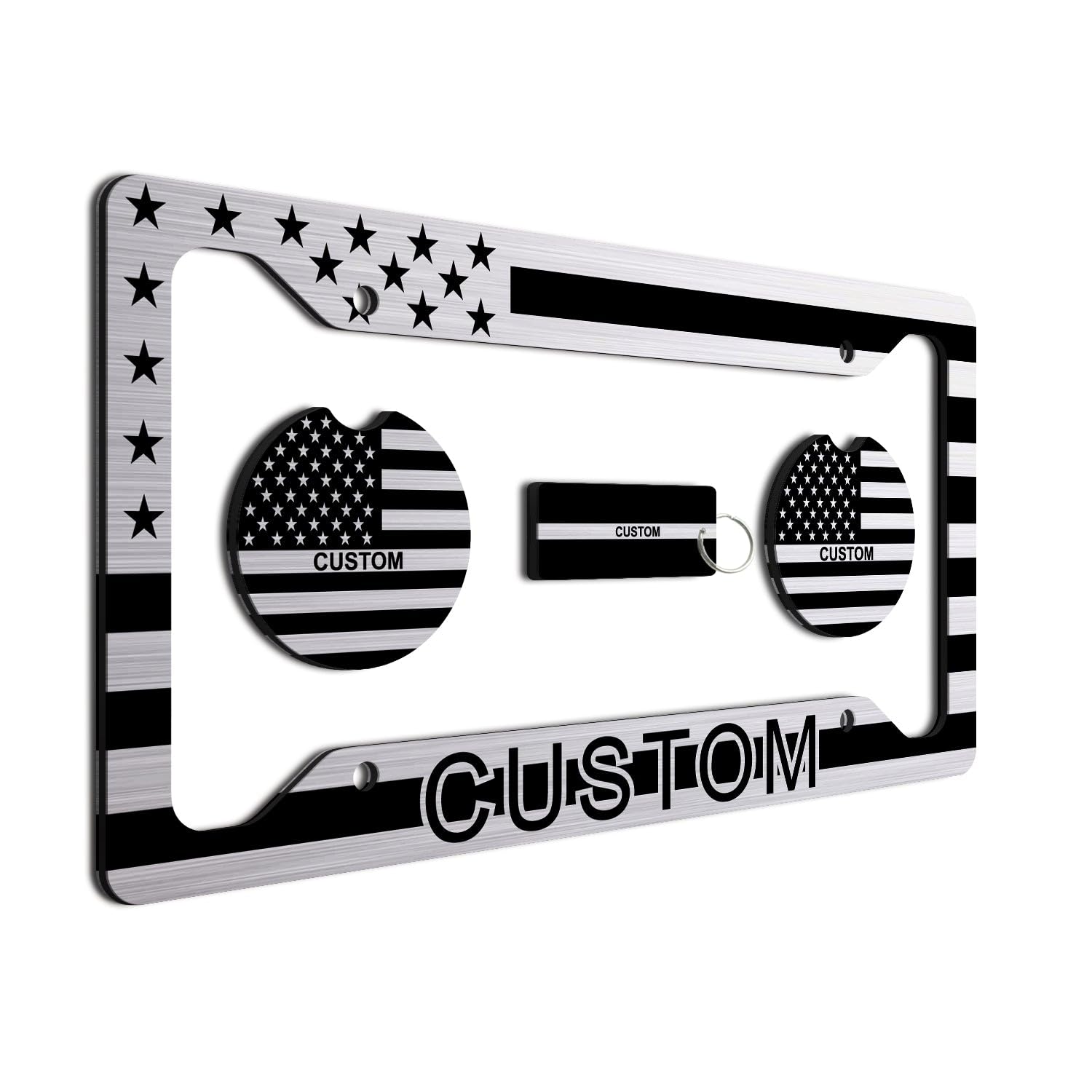 Made In Usa - Personalized American Flag License Plate Frame + 2 Coasters And A Keychain