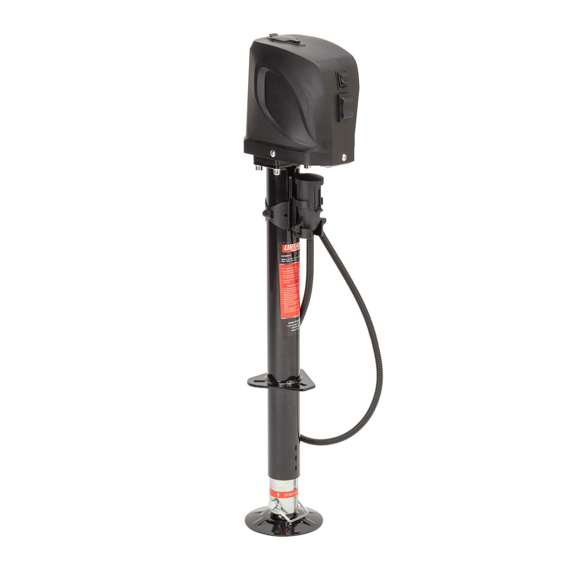 Uriah Products 5000 Pound Lift Capacity 12 Volt 7 Way Connector Electric Trailer Jack With Easy To Use Switch And Oversized Adjustable Footpad, Black