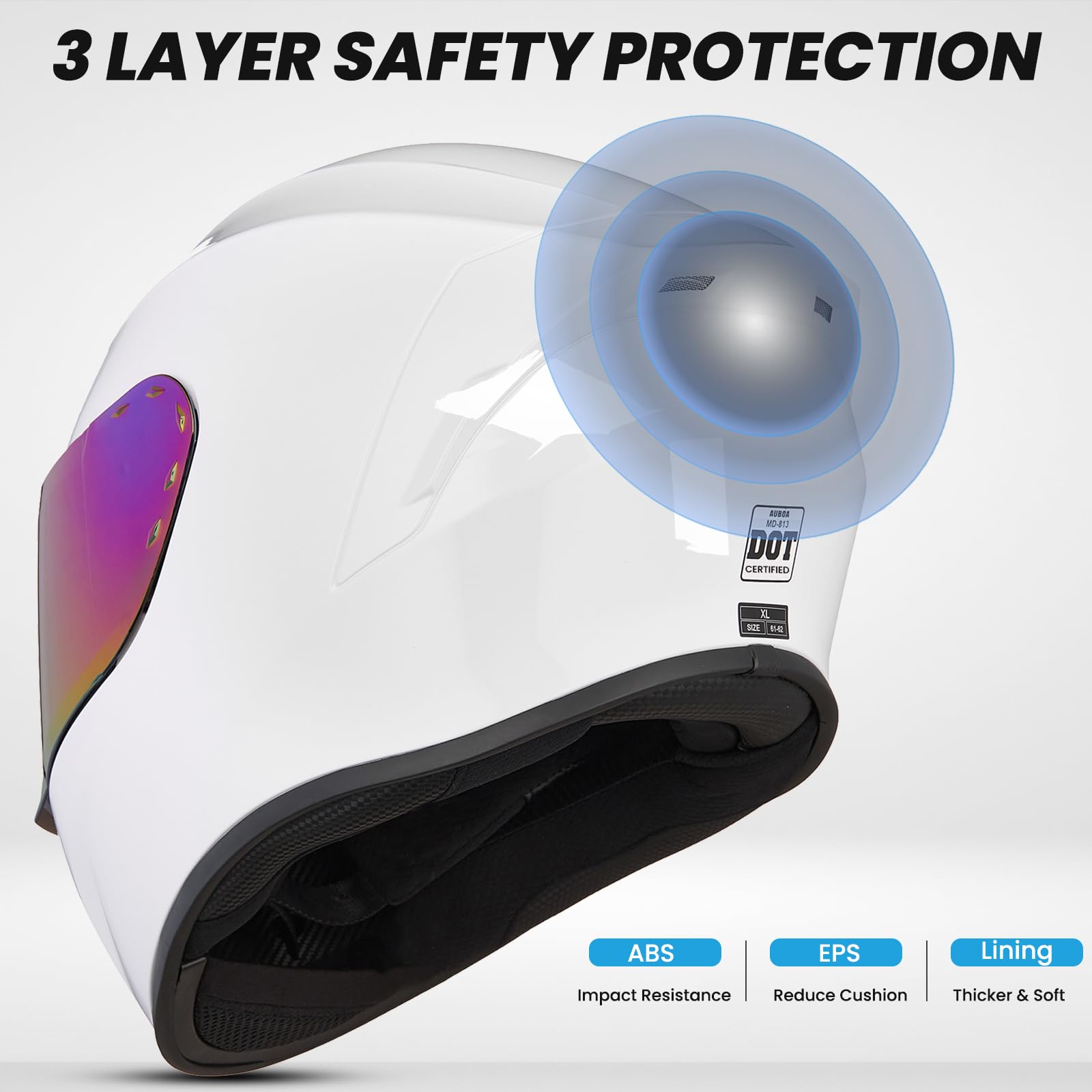 Auboa Full Face Motorcycle Helmet MD-813, DOT Approved, Small, White, ABS Material, Tinted Visor for Men and Women