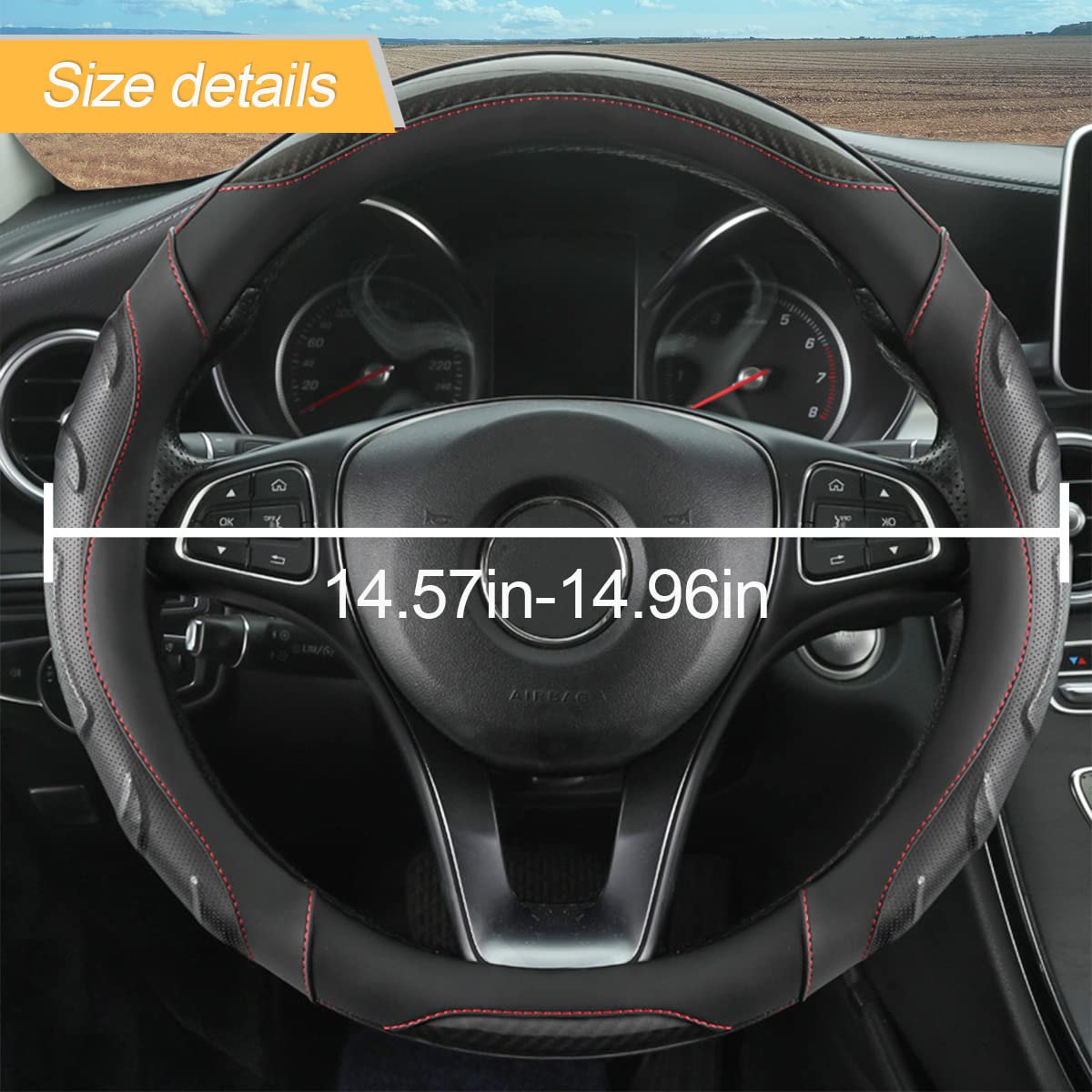 Leather Steering Wheel Cover, Auto Car Stretch Steering Wheel Protector, Universal 15 Inch Anti-Slip Breathable Odorless Steering Wheel Cover For Men Women (Black)
