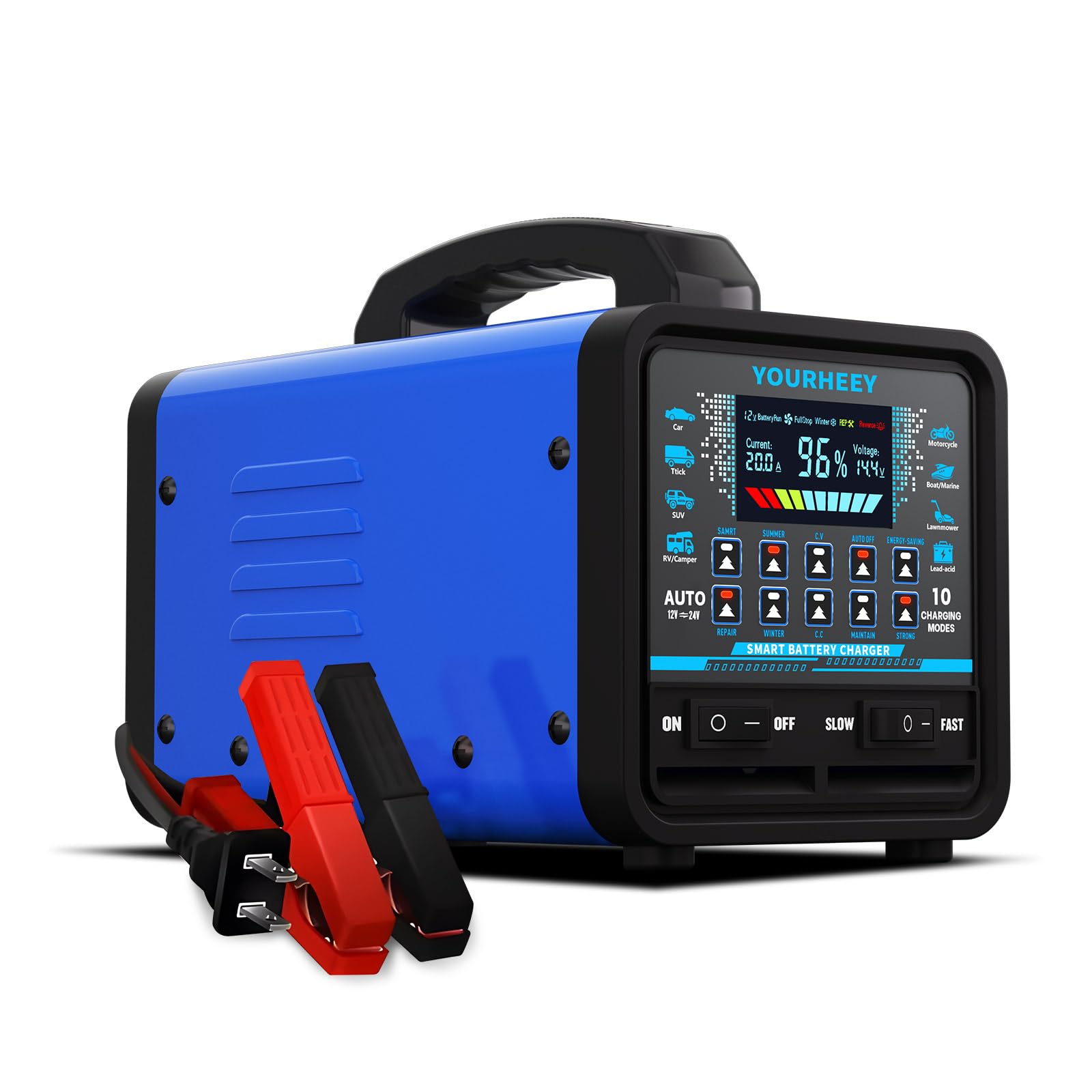 2026 Upgraded 12V/24V 0-20A Heavy Duty Battery Charger/Maintainer with Auto Shutoff, Repair & Winter Mode, 10 Modes & Color Scre