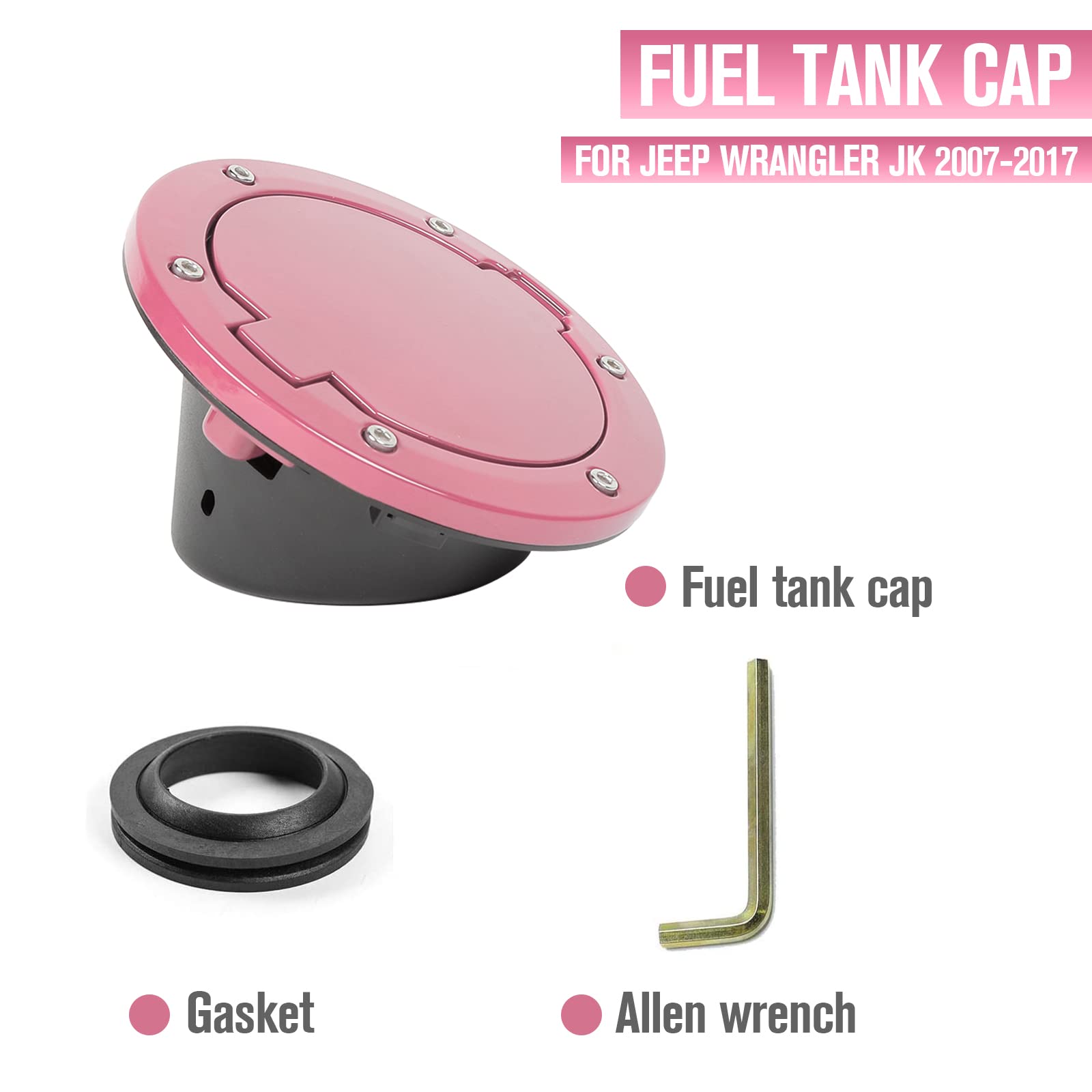 JeCar JK Fuel Filler Cover - Aluminum Alloy Gas Cap for Jeep Wrangler 2007-2018, Pink, Model JCS121