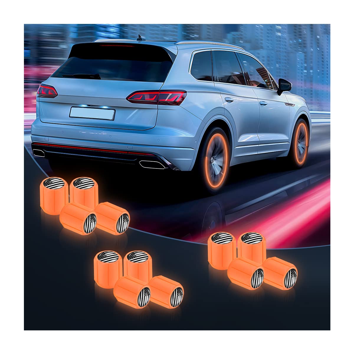 12Pcs Luminous Car Tire Valve Stem Caps, American Flag Valve Stem Caps, Universal Dustproof Corrosion Resistant Air Caps Cover, Auto Accessories Fit For Motorcycles Suv Trucks Bicycles (Orange/Flag)