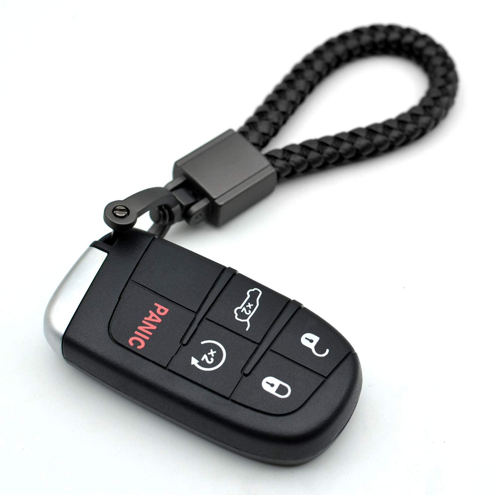 Feyoun Universal Black Leather Car Fob Keychain Metal Keyring Woven Strap Braided Rope Key Chain For Men And Women - Matte Black Color, With 360 Degree Rotatable D-Ring And Screwdriver
