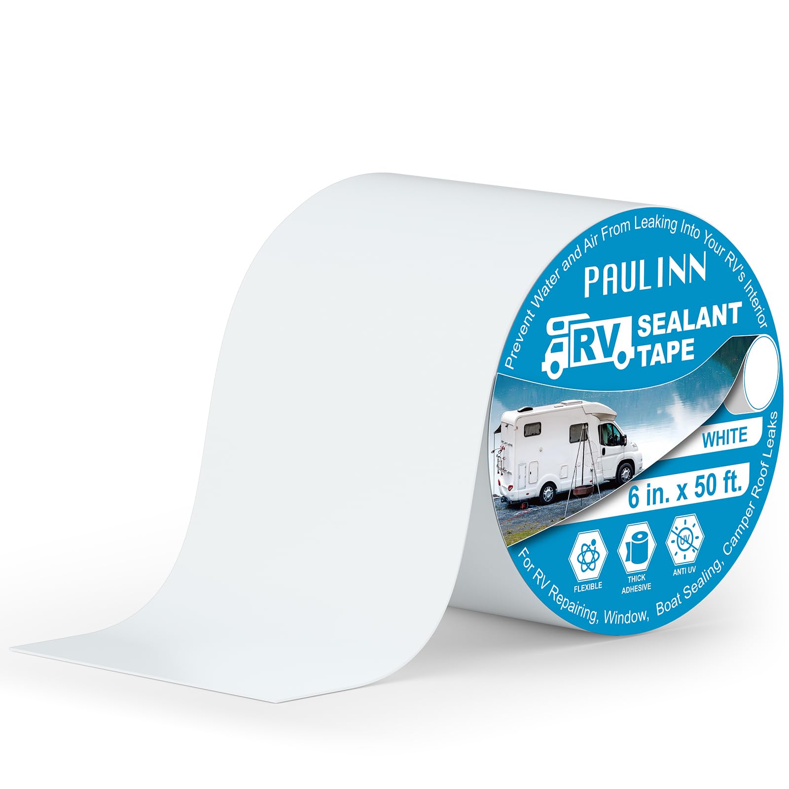 PAULINN RV Roof Sealant Tape - 6" x 50' White Weatherproof Rubber Roofing Repair Tape for RV, Camper, Trailer, and Boat Leak Sealing