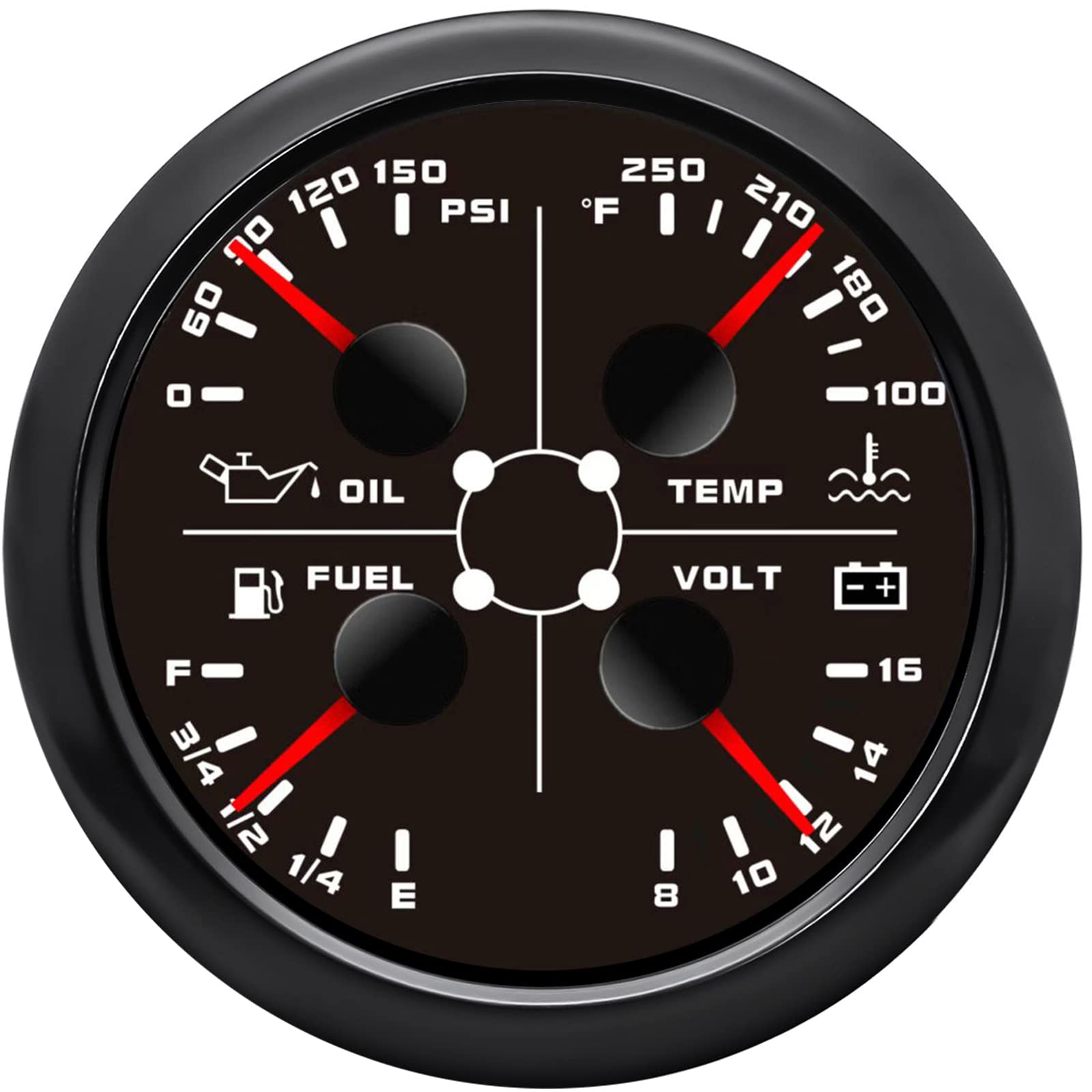ARTILAURA AUTO Gauge 4in1 Multifunction Meter- Oil Pressure/Water Temp/Fuel Level/Voltmeter 85mm 3 3/8 Automotive Boat Gauge for