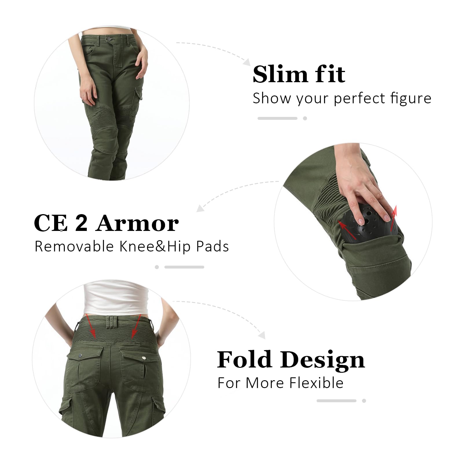 LOMENG Motorcycle Riding Pants Motorcycle Jeans Slim Fit with CE Knee Hip Removable Protectors Armor for Women Green L 32