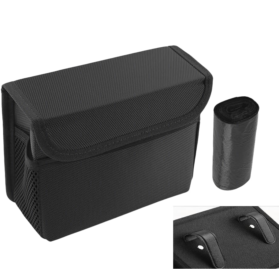 Upgraded Magnetic Car Trash Can with Lid,Mini Hanging Car Trash Bin with Mesh Pocket & 30PCS Garbage Bag,Collapsible Cars Garbag