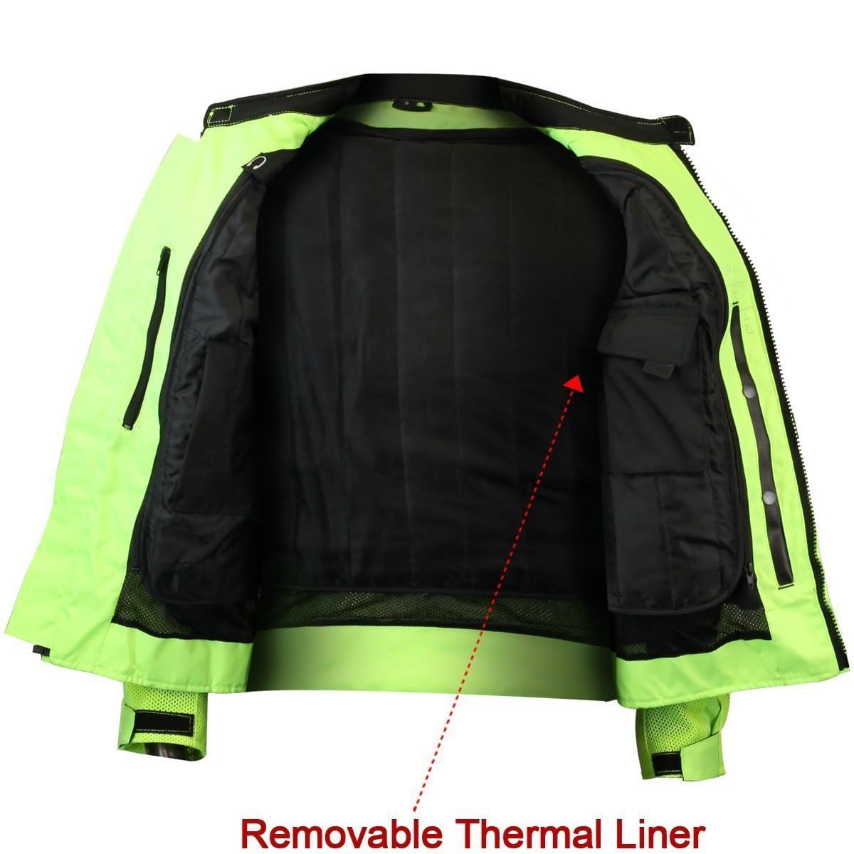 Vance Leather Viper Mens Hi-Viz Reflective Mesh Motorcycle Jacket W/Ce Armor & Thermal Removable Liner (Hi-Viz Green, Medium)