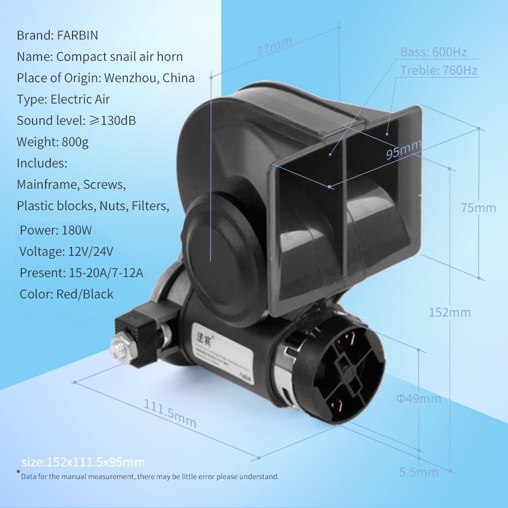 FARBIN 12V Electric Air Horn for Truck - 150db Loud Dual Black Horns with Wiring Harness - Compact Design for All 12V Vehicles
