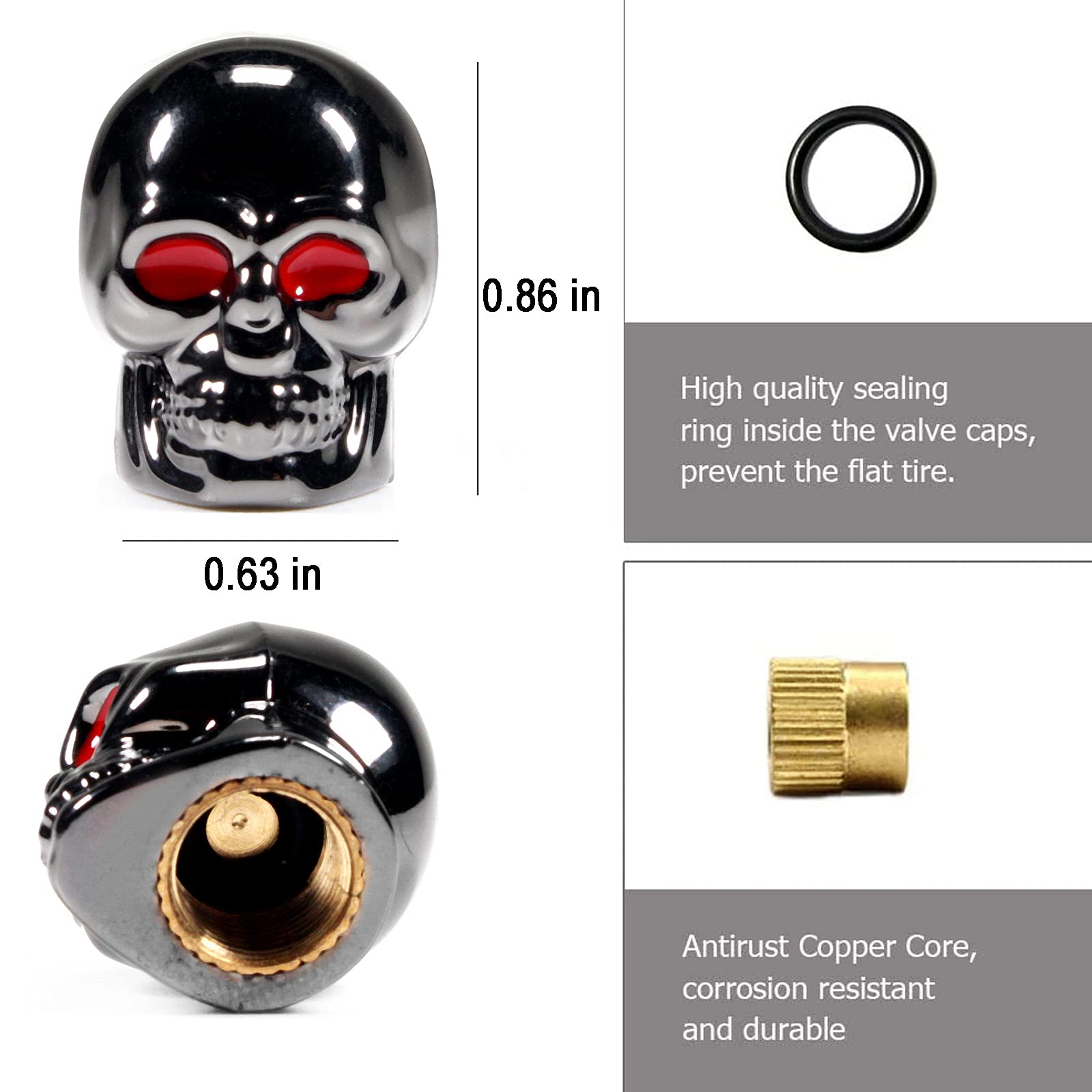 Dsycar Tire Caps - 4 Pack Black Skull Style, Antirust Copper Core, Gun Grey for Truck, Motorcycle, Bike, Car Tires