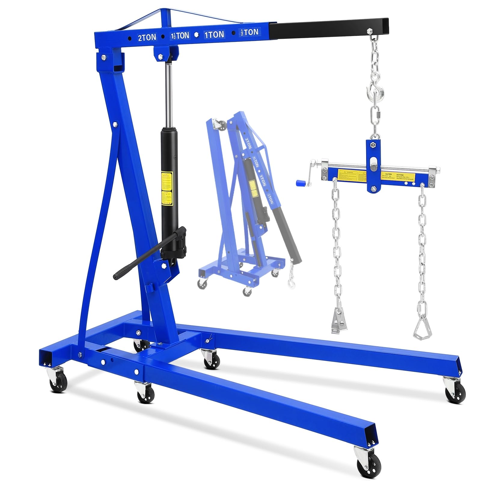 4400 Lbs Folding Hydraulic Engine Hoist with Leveler, 2 Ton Portable Cherry Picker with 6 Wheels & Telescopic Boom, Foldable Eng