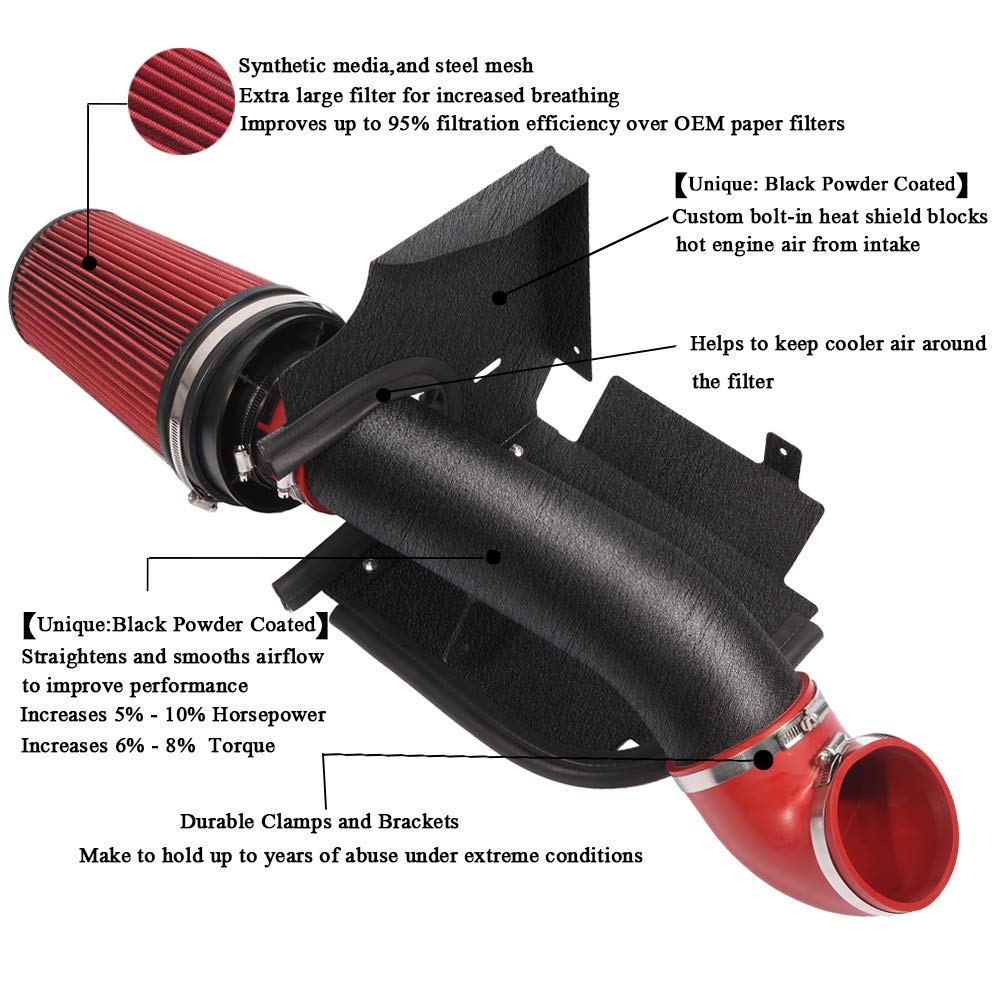 Moosun 4 Inch Cold Air Intake Black Tube + Heat Shield For 1999-2006 Gmc/Chevy V8 4.8L/5.3L/6.0L Silverado 1500/2500/3500 Red