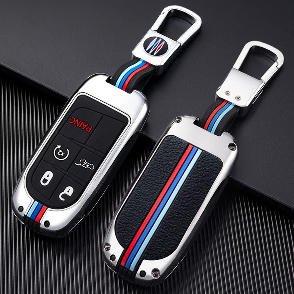 Otmik Zinc Alloy Car Key Cover Case Fit For Jeep Renegade Compass Chrysler 300C With Fluorescent Silicone Buttons (Silver Color 5 Buttons)