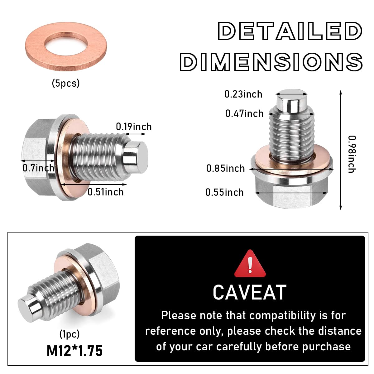 Dickno M12  1.75 Magnetic Oil Drain Plug, Aluminum Stainless Steel Sump Drain Nut Bolt with 5 Copper Crush Washer, Universal Lea
