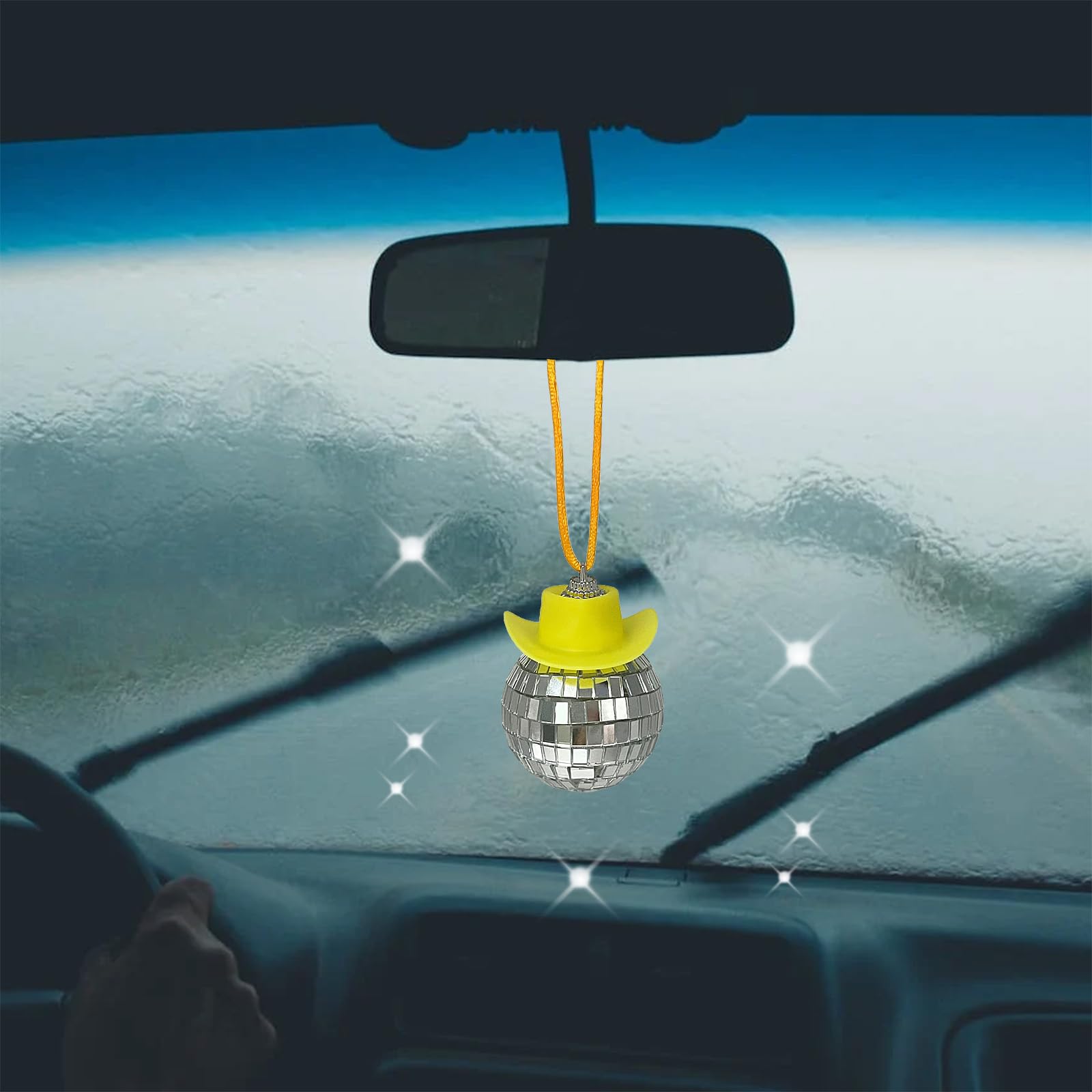 Spansee Yellow Disco Car Charm, Disco Cowgirl Car Charm, Disco Ball Cowboy Hat Car Accessory, Car Disco Ball, Rear View Mirror Accessories, Disco Ball Car Mirror Ornament, Disco Ball For Car
