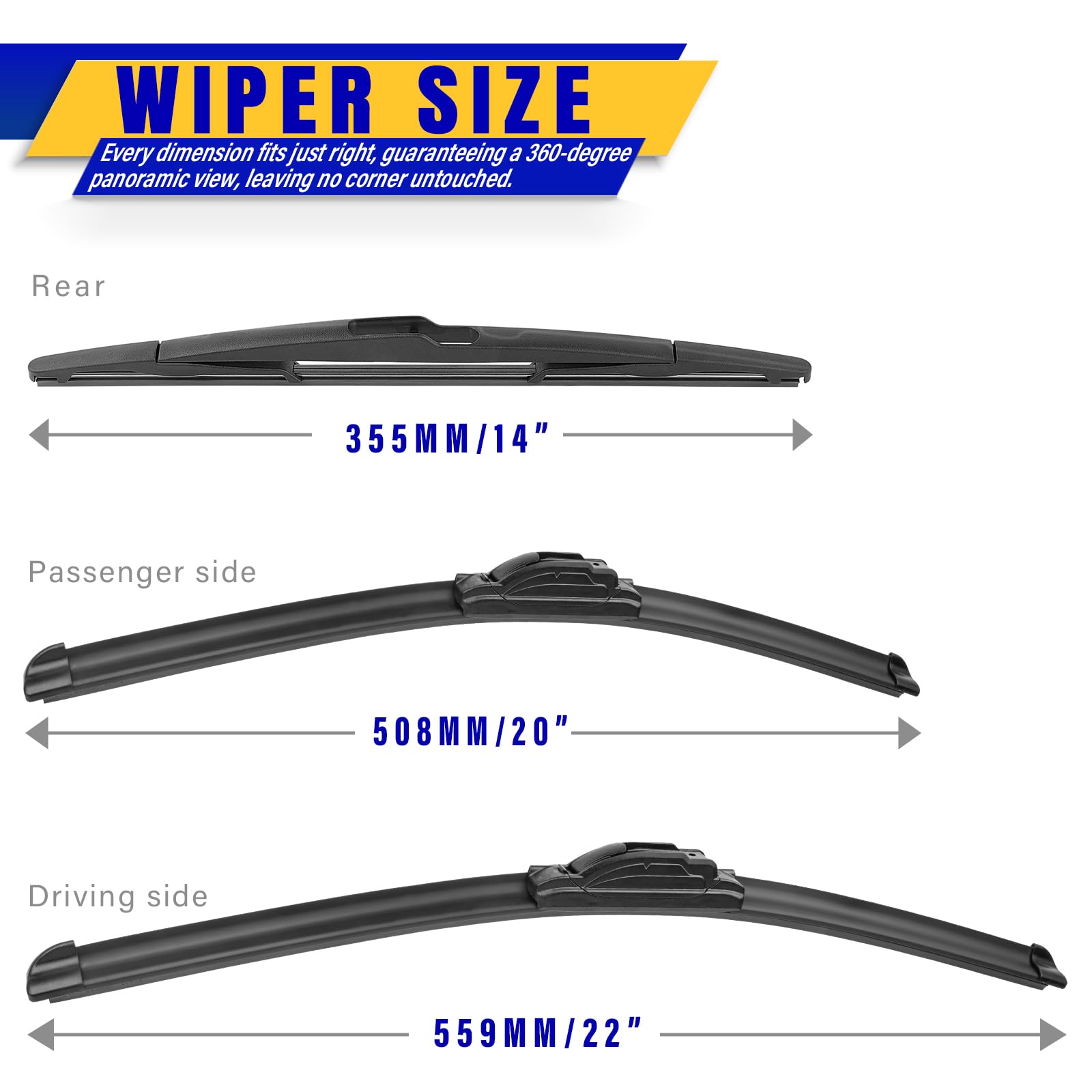 Rooppa Windshield Wiper Blades Set for BMW X3 (2004-2010) - 22"/20"/14" Rubber U/J Hook Replacement