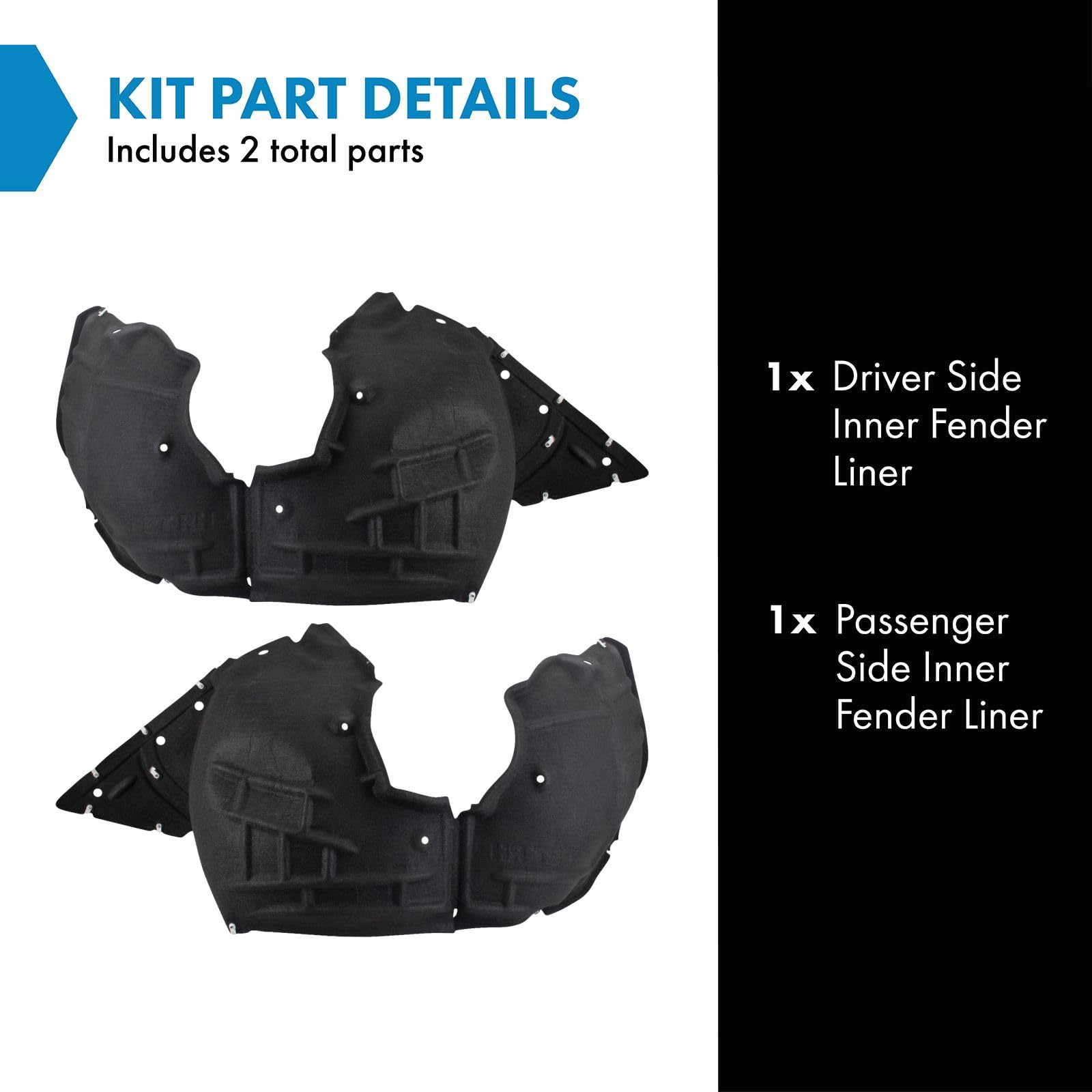 TRQ Front Inner Fender Liner Set for 2016-2023 Chevrolet Camaro, Black, Aluminum/Metal Alloy, Model BDA14824