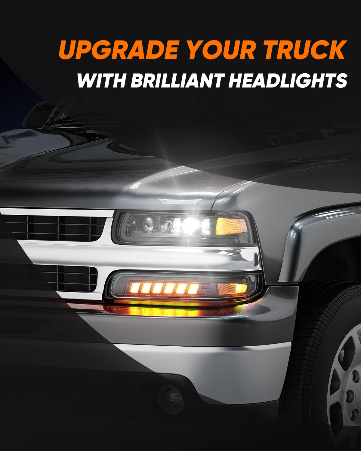 Led Headlights Assembly With Hi/Low Beam Turn Signal Lights Bulbs Compatible With 1999-2002 Chevy Silverado 1500 2500 3500, 2000