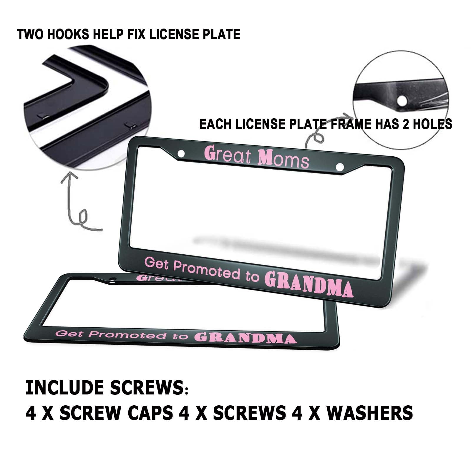 HOSNYE Great Moms Get Promoted to Grandma License Plate Frame Black 2 Pcs Metal Cute Licenses Plates Frames Licenses Plate Cover